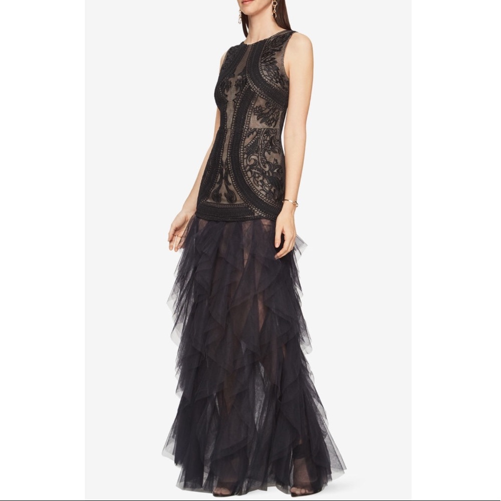 NWT BCBG Maxazria Black Tulle V Neck Back Gown 0